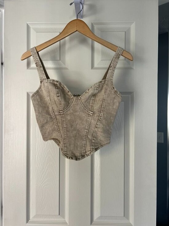 SHEIN Denim Corset Top M Distressed Washed Bustier Y2K Structured Zip Back - Picture 1 of 4